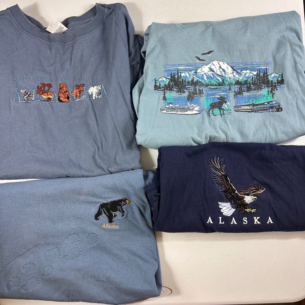 Vintage Alaska T-Shirt Lot Mens XL Blue Eagle Bear Wildlife Animals Anvil